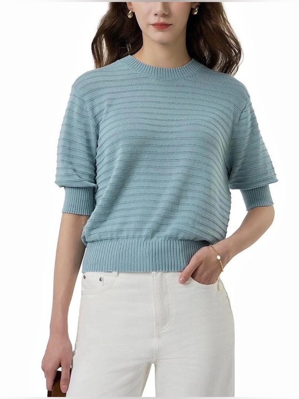 NWT Frye Short Sleeve Blue Cotton Crew Neck Knit Sweater
